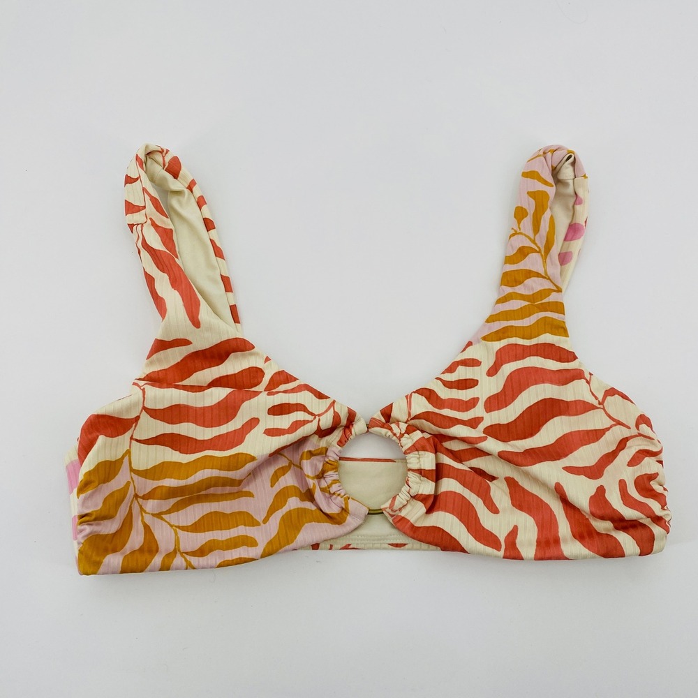 Vitamin A Bikini Top Women Size M Orange Pink Palm Print Ring Front Ribbed - Picture 3 of 6